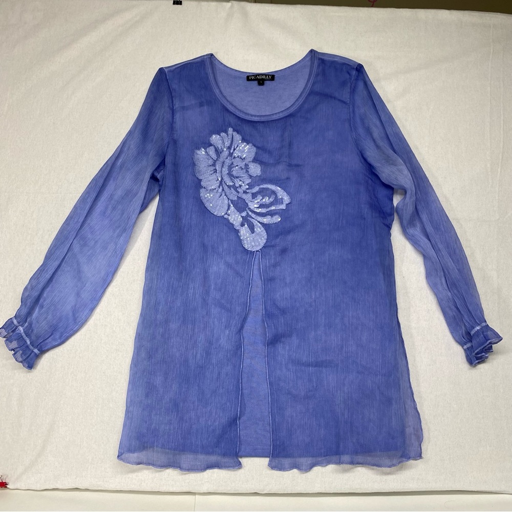 Tunic Top Pullover Sequin Design Front By Picadilly Round Neckline Size Large